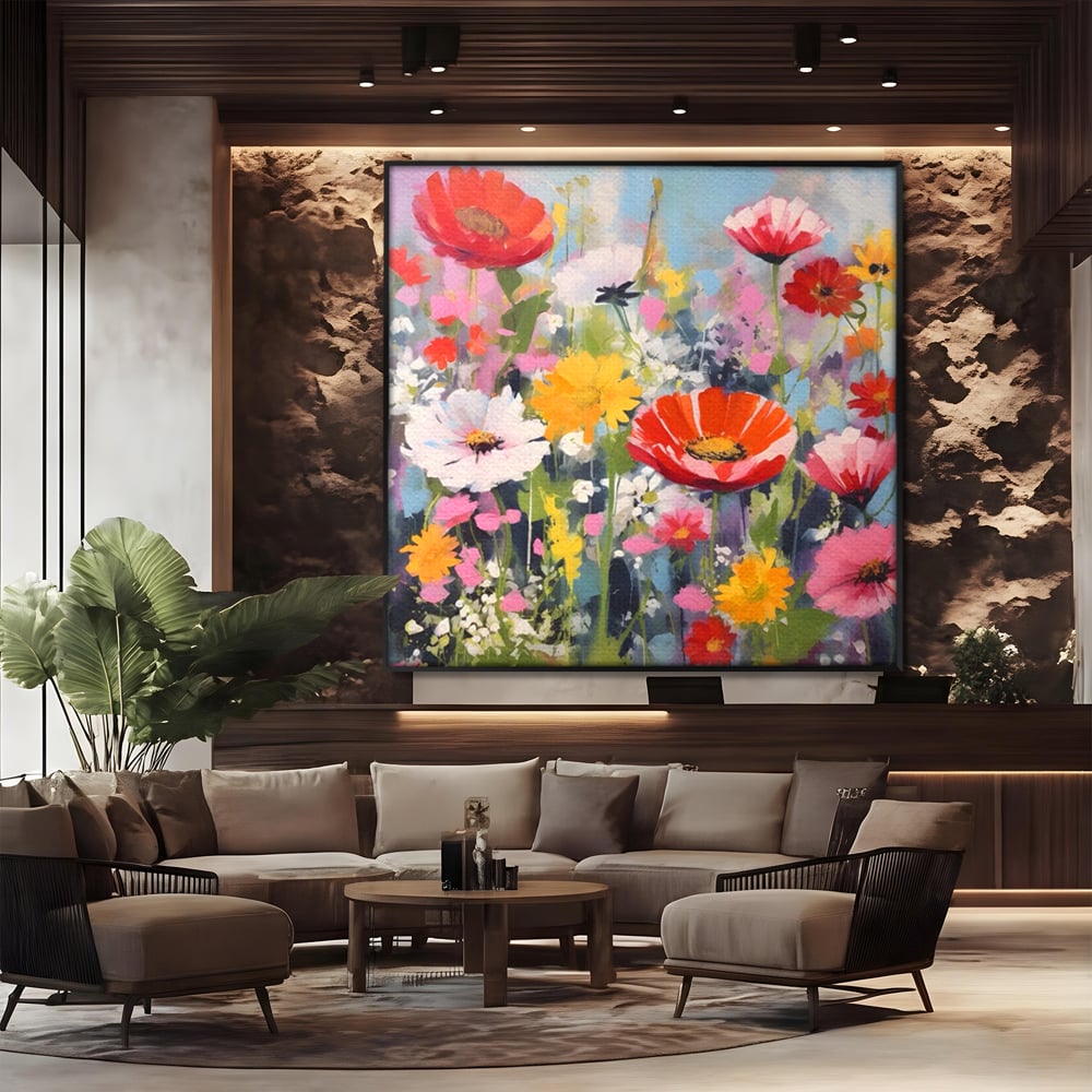 Tablou canvas cu pictura cu camp plin de flori colorate, in rama de aluminiu negru, pe perete intr-un birou