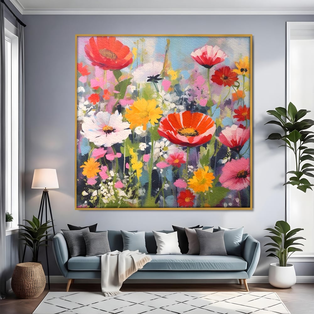 Tablou canvas cu pictura cu camp plin de flori colorate, in rama de aluminiu auriu, pe perete intr-un living