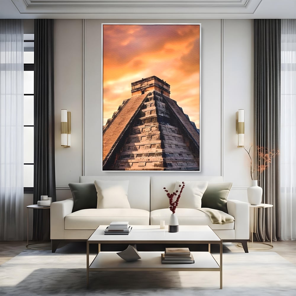 Tablou canvas cu tablou canvas cu piramida mayasa, in rama de aluminiu argintiu, pe perete intr-un living