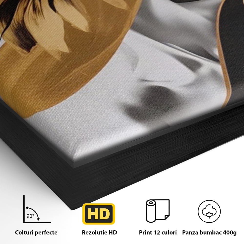Detaliu al suprafetei: tablou canvas cu portret de femeie si floarea-soarelui, in rama de aluminiu negru