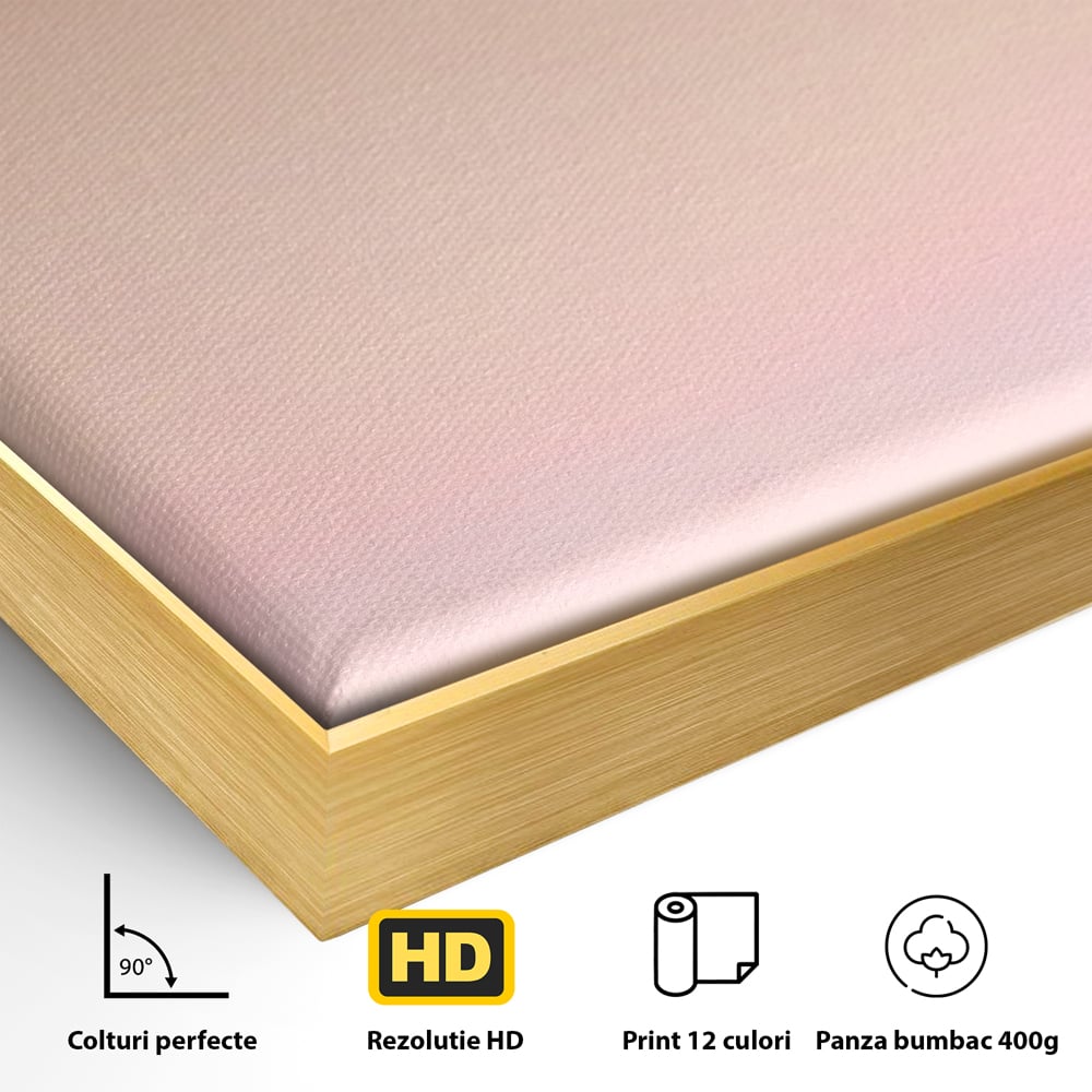 Detaliu al suprafetei: tablou canvas cu barca cu vele pe apa, in rama de aluminiu auriu