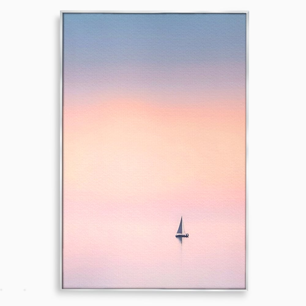 Tablou canvas cu tablou canvas cu barca cu vele pe apa, in rama de aluminiu argintiu