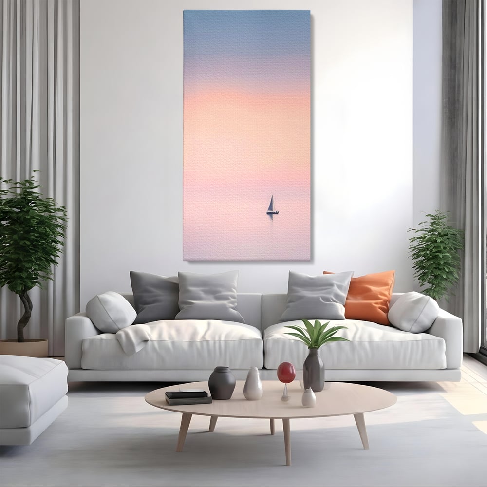 Tablou canvas cu tablou canvas cu barca cu vele pe apa, fara rama, pe sasiu de lemn, pe perete intr-un living