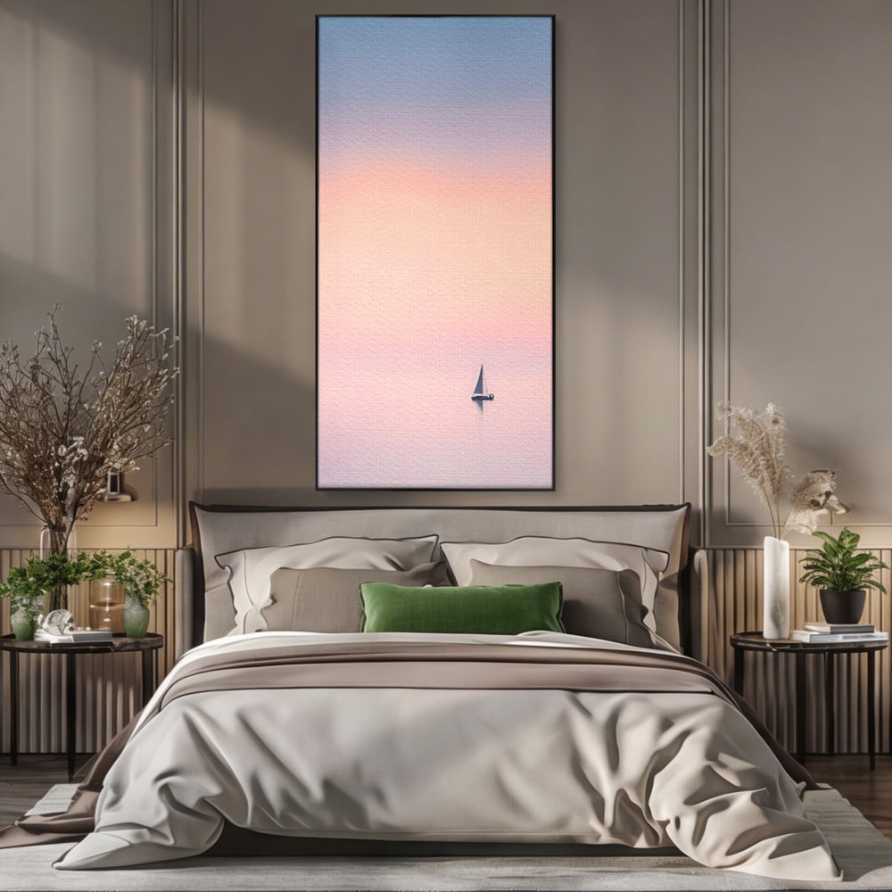 Tablou canvas cu tablou canvas cu barca cu vele pe apa, in rama de aluminiu negru, pe perete intr-un dormitor