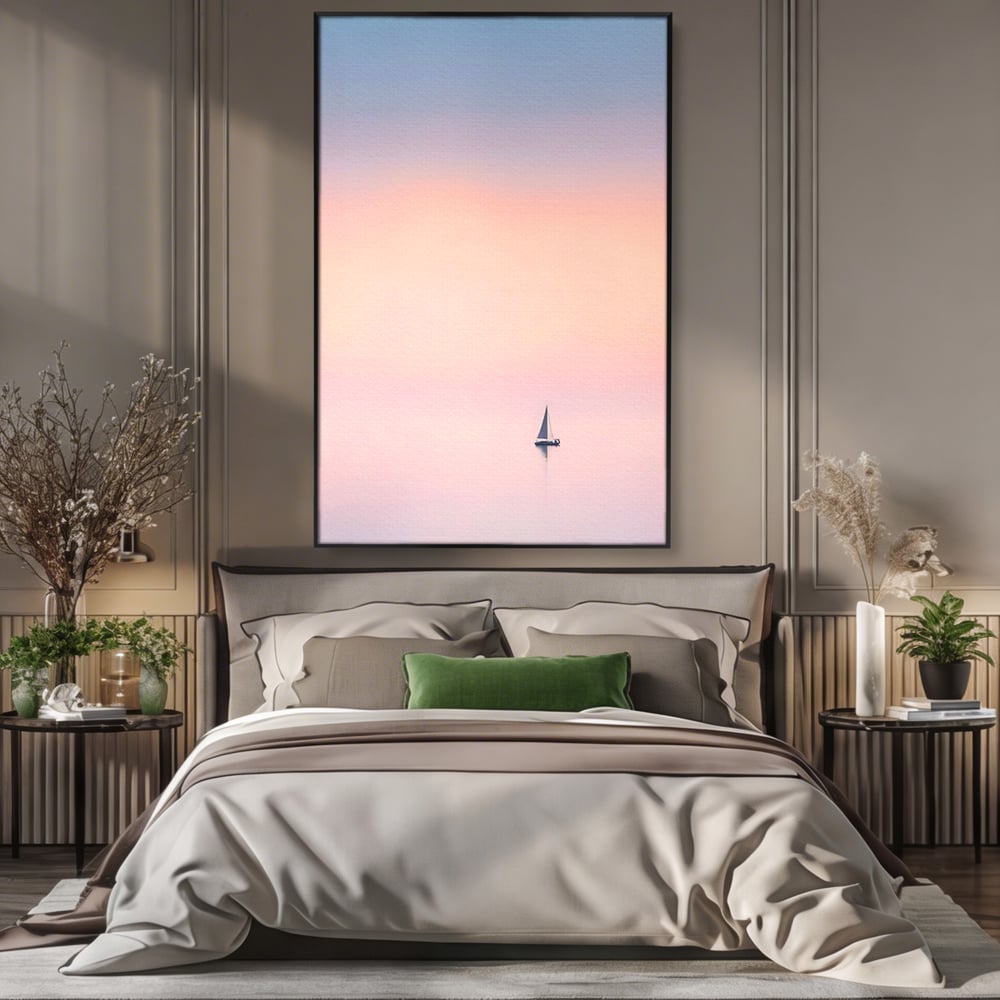 Tablou canvas cu tablou canvas cu barca cu vele pe apa, in rama de aluminiu negru, pe perete intr-un dormitor