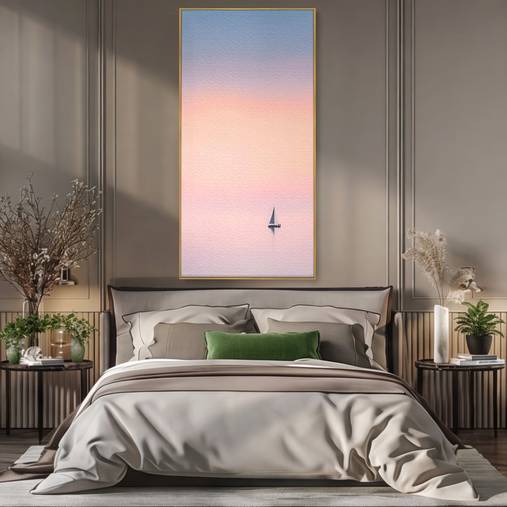 Tablou canvas cu tablou canvas cu barca cu vele pe apa, in rama de aluminiu auriu, pe perete intr-un dormitor