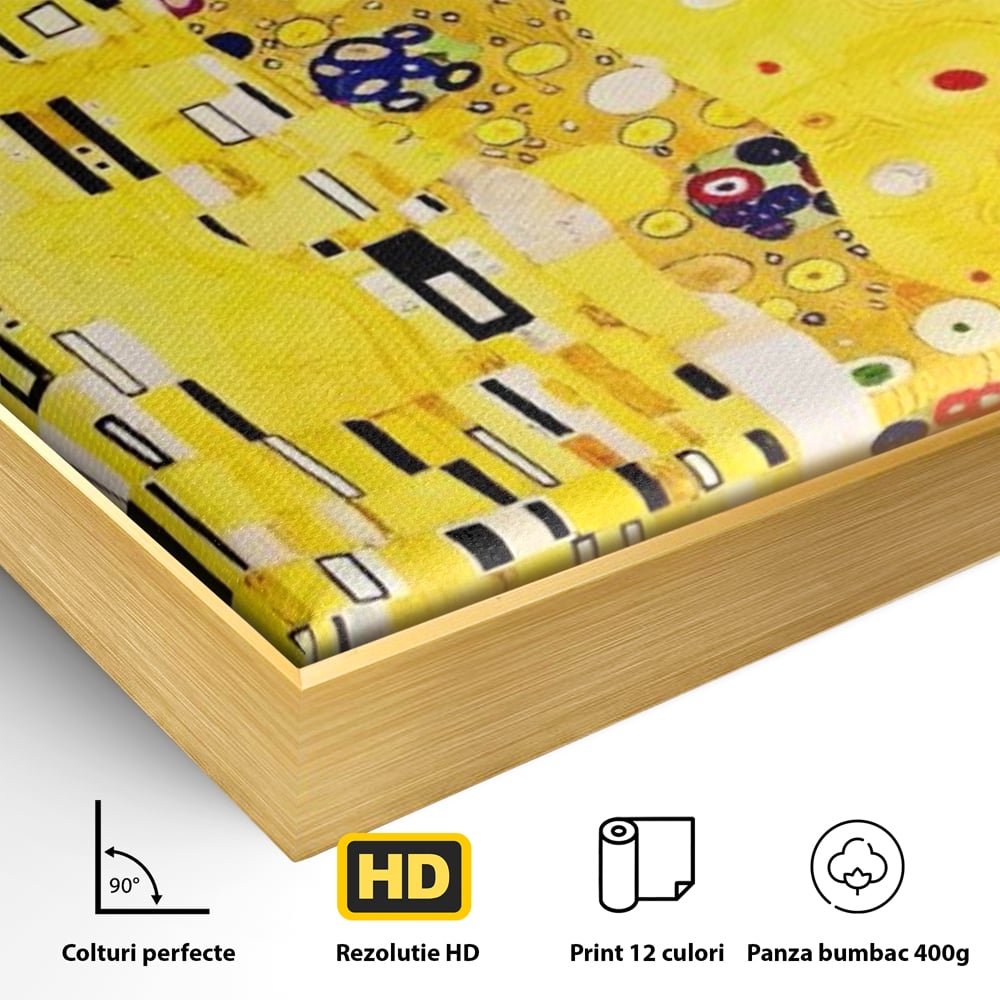 Detaliu al suprafetei: reproducere pictura celebrul sarut klimt, in rama de aluminiu auriu
