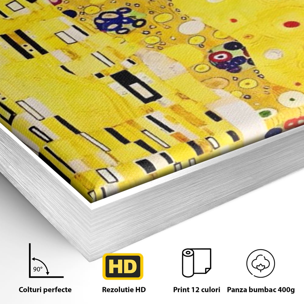Detaliu al suprafetei: reproducere pictura celebrul sarut klimt, in rama de aluminiu argintiu