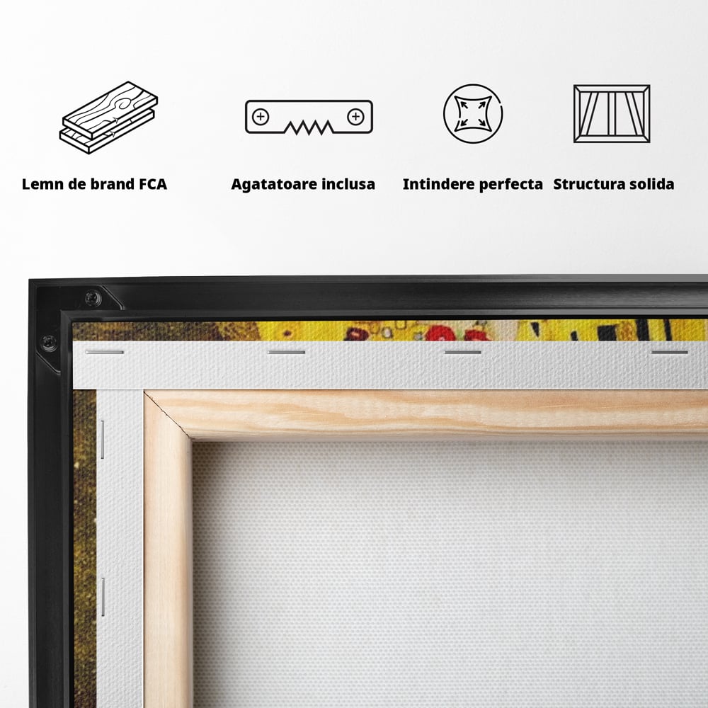 Spatele produsului, cu sasiu din lemn, capse metalice si agatatoare