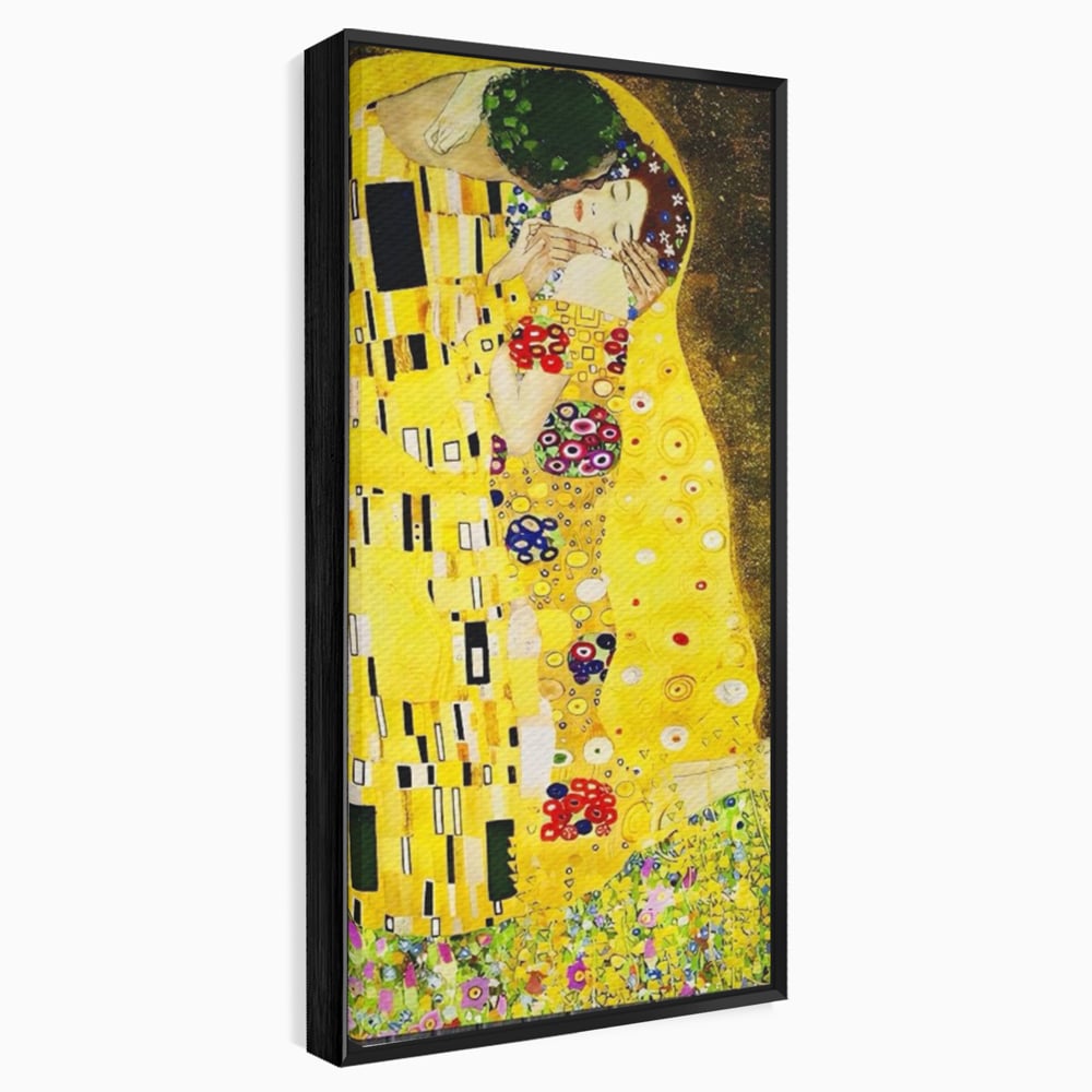 Tablou canvas cu reproducere pictura celebrul sarut klimt, in rama de aluminiu negru
