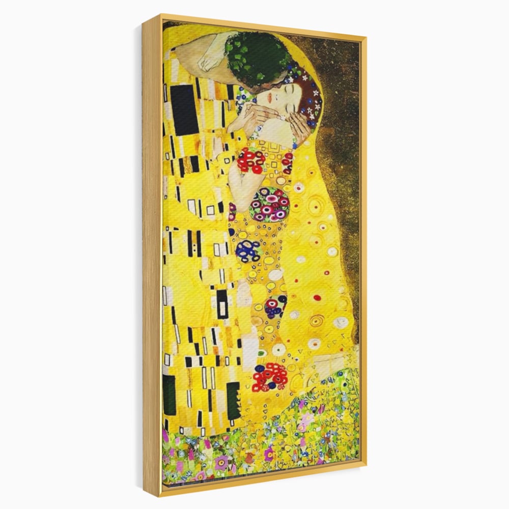 Tablou canvas cu reproducere pictura celebrul sarut klimt, in rama de aluminiu auriu