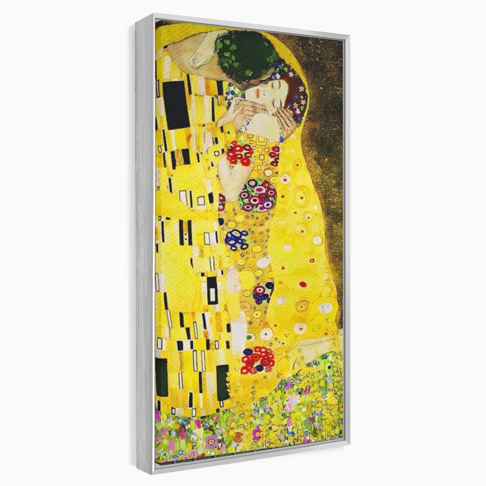 Tablou canvas cu reproducere pictura celebrul sarut klimt, in rama de aluminiu argintiu