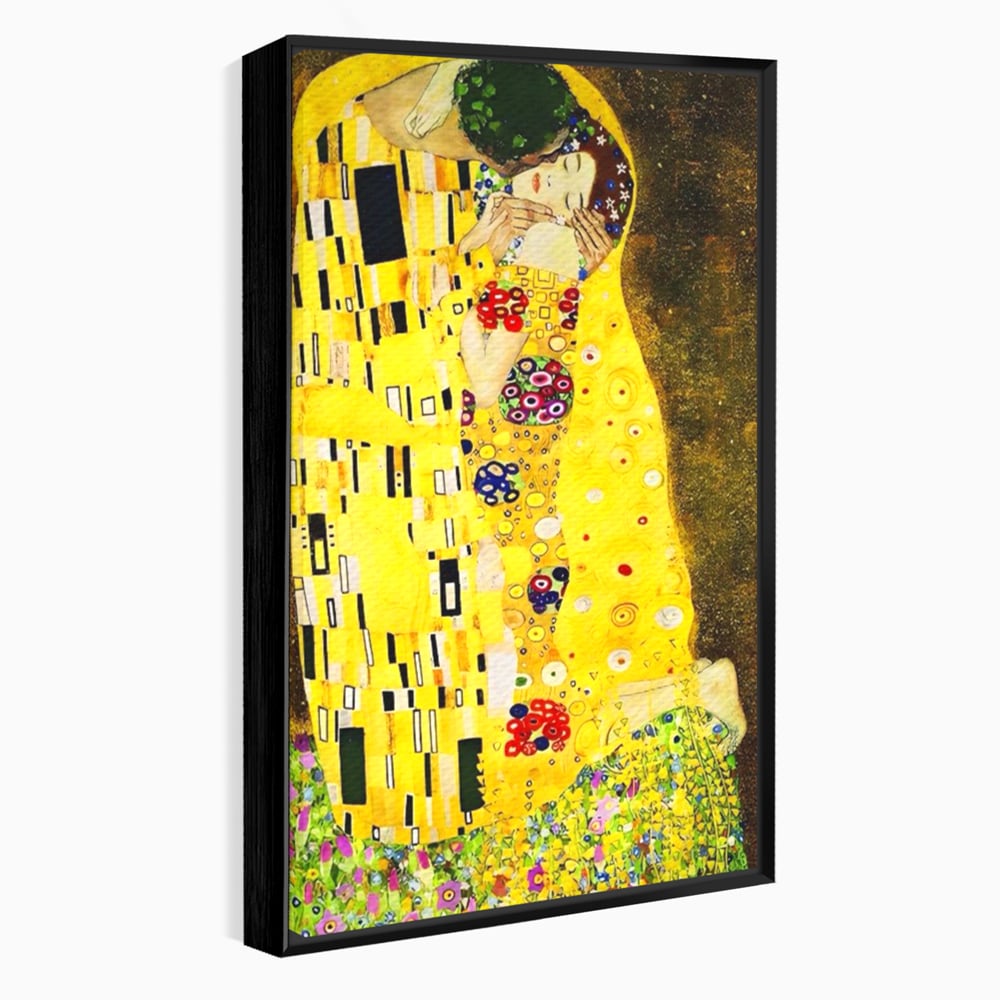 Tablou canvas cu reproducere pictura celebrul sarut klimt, in rama de aluminiu negru