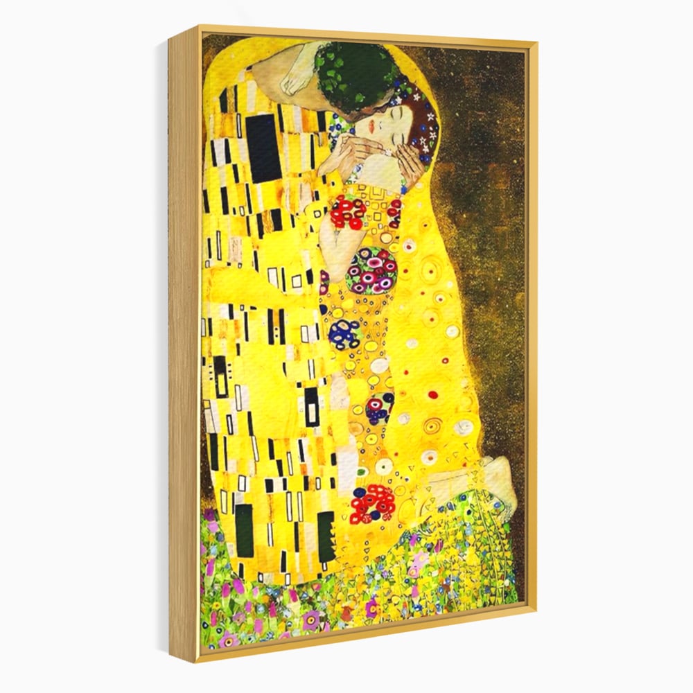 Tablou canvas cu reproducere pictura celebrul sarut klimt, in rama de aluminiu auriu