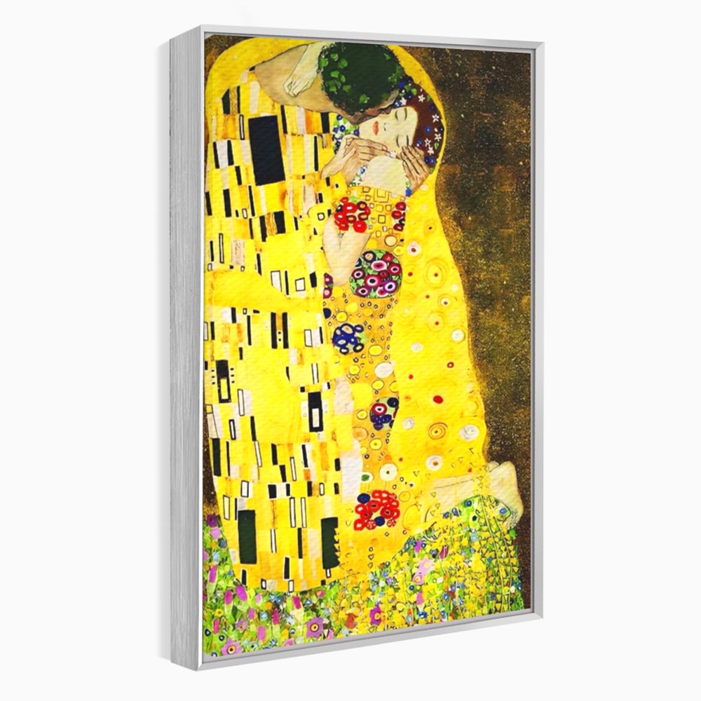 Tablou canvas cu reproducere pictura celebrul sarut klimt, in rama de aluminiu argintiu