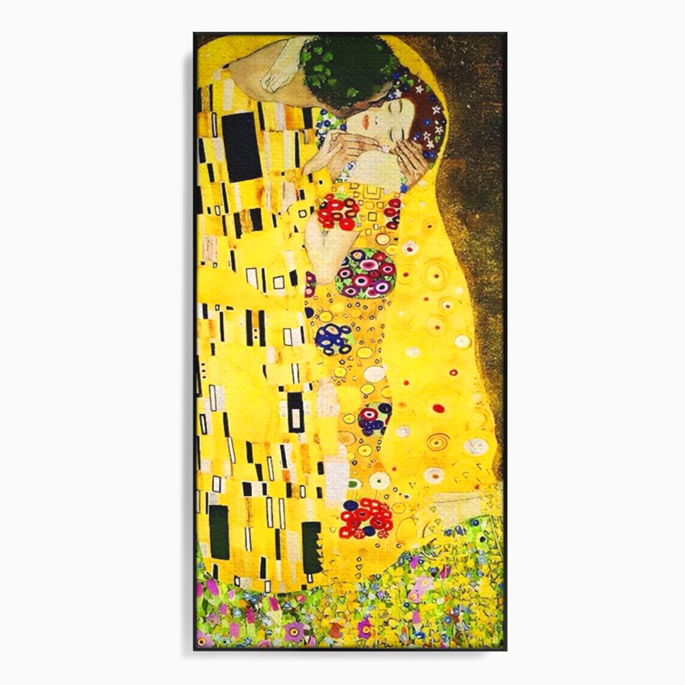 Tablou canvas cu reproducere pictura celebrul sarut klimt, in rama de aluminiu negru