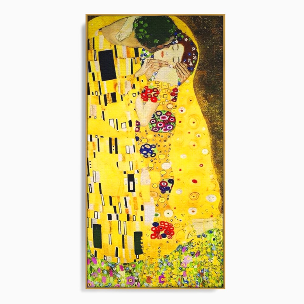 Tablou canvas cu reproducere pictura celebrul sarut klimt, in rama de aluminiu auriu