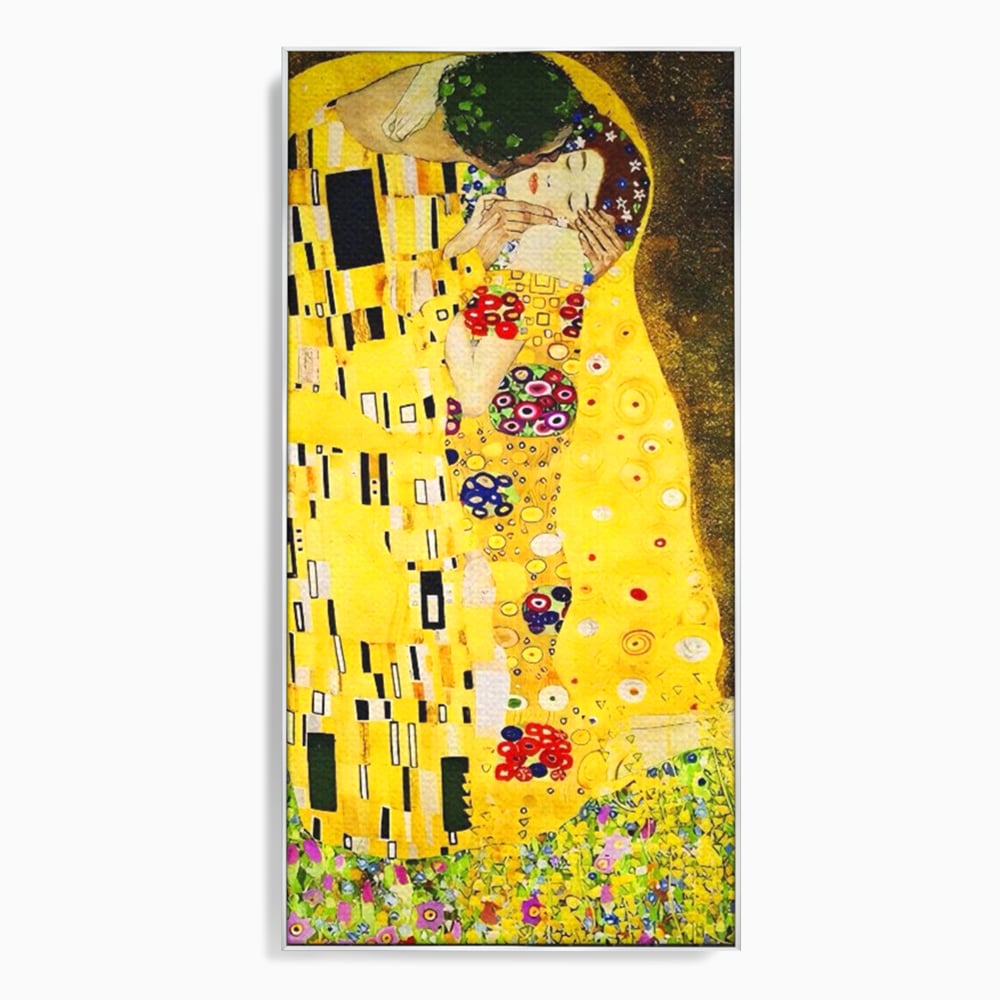 Tablou canvas cu reproducere pictura celebrul sarut klimt, in rama de aluminiu argintiu