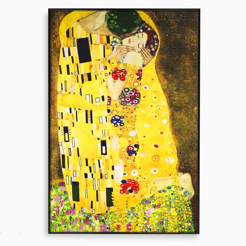 Tablou canvas cu reproducere pictura celebrul sarut klimt, in rama de aluminiu negru