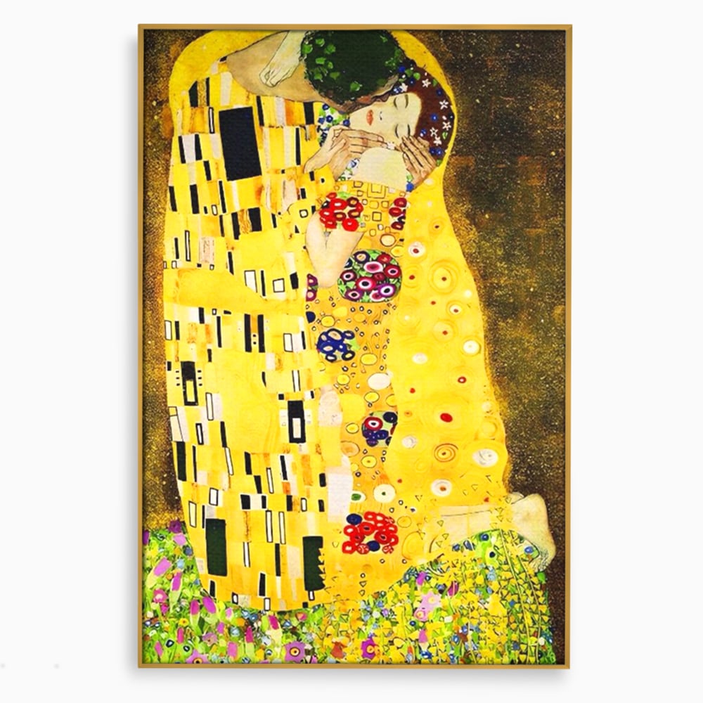 Tablou canvas cu reproducere pictura celebrul sarut klimt, in rama de aluminiu auriu