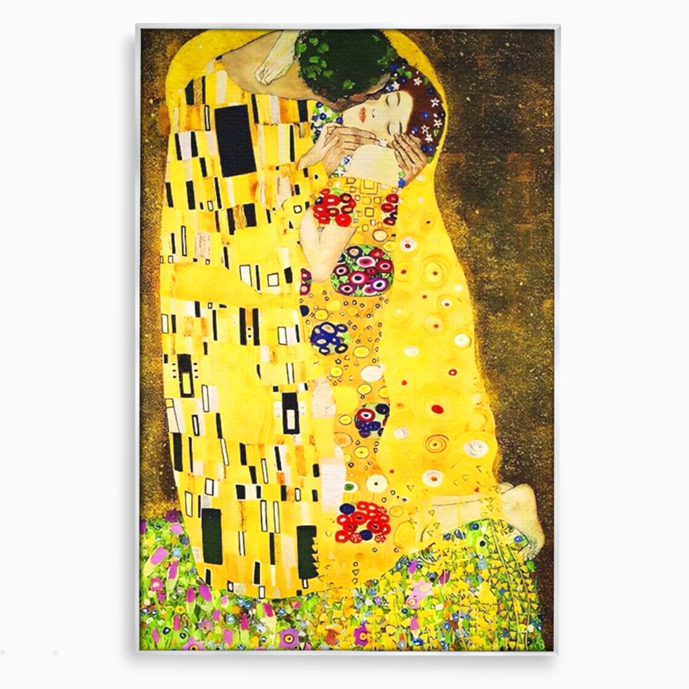 Tablou canvas cu reproducere pictura celebrul sarut klimt, in rama de aluminiu argintiu