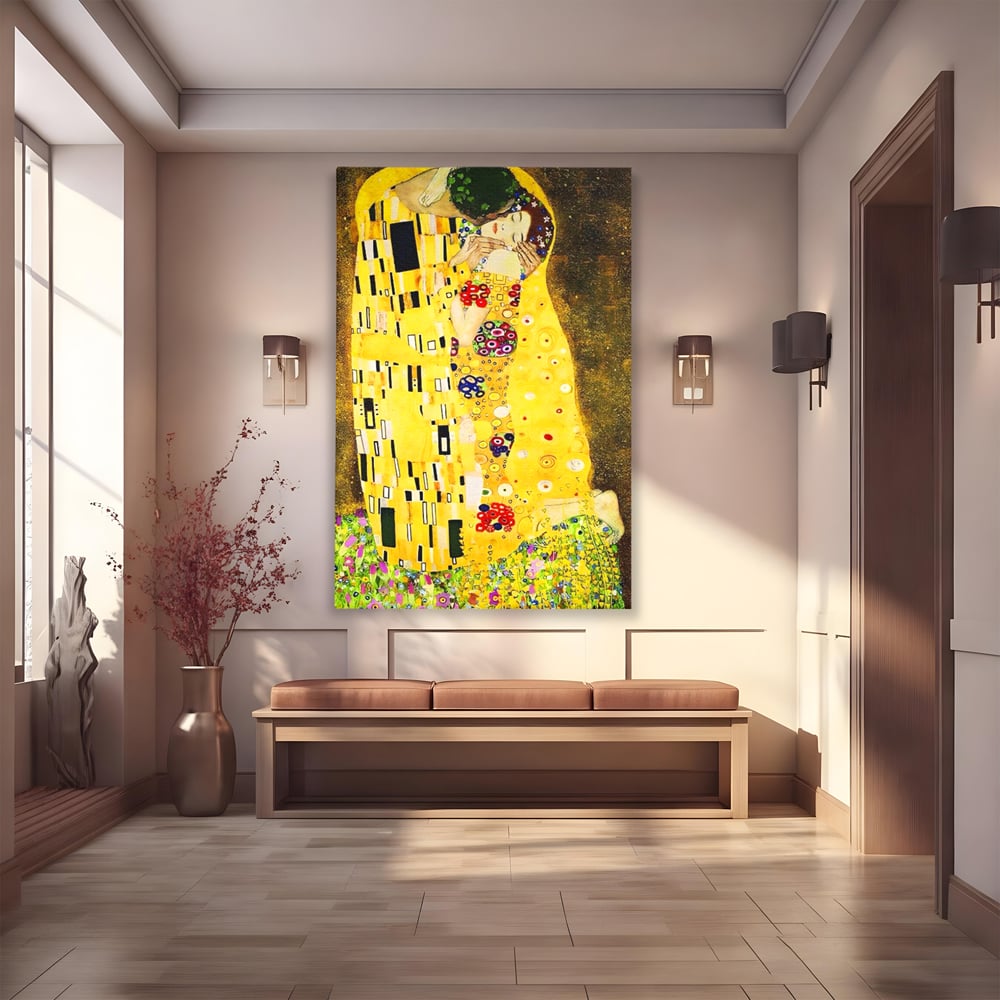 Tablou canvas cu reproducere pictura celebrul sarut klimt, fara rama, pe sasiu de lemn