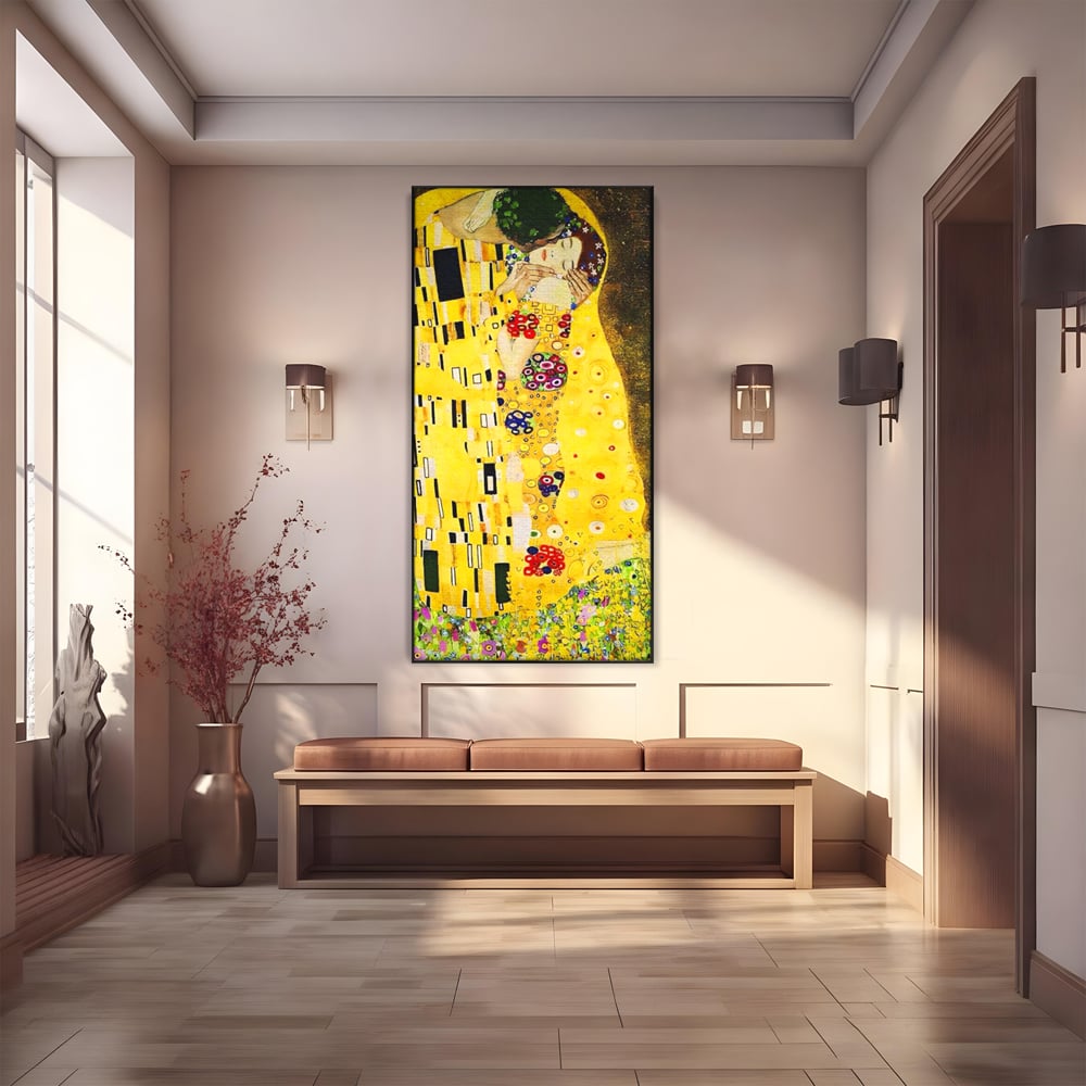 Tablou canvas cu reproducere pictura celebrul sarut klimt, in rama de aluminiu negru