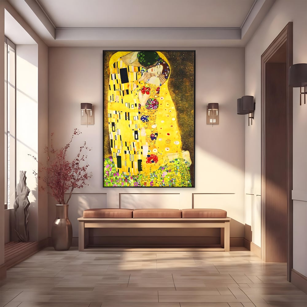Tablou canvas cu reproducere pictura celebrul sarut klimt, in rama de aluminiu negru