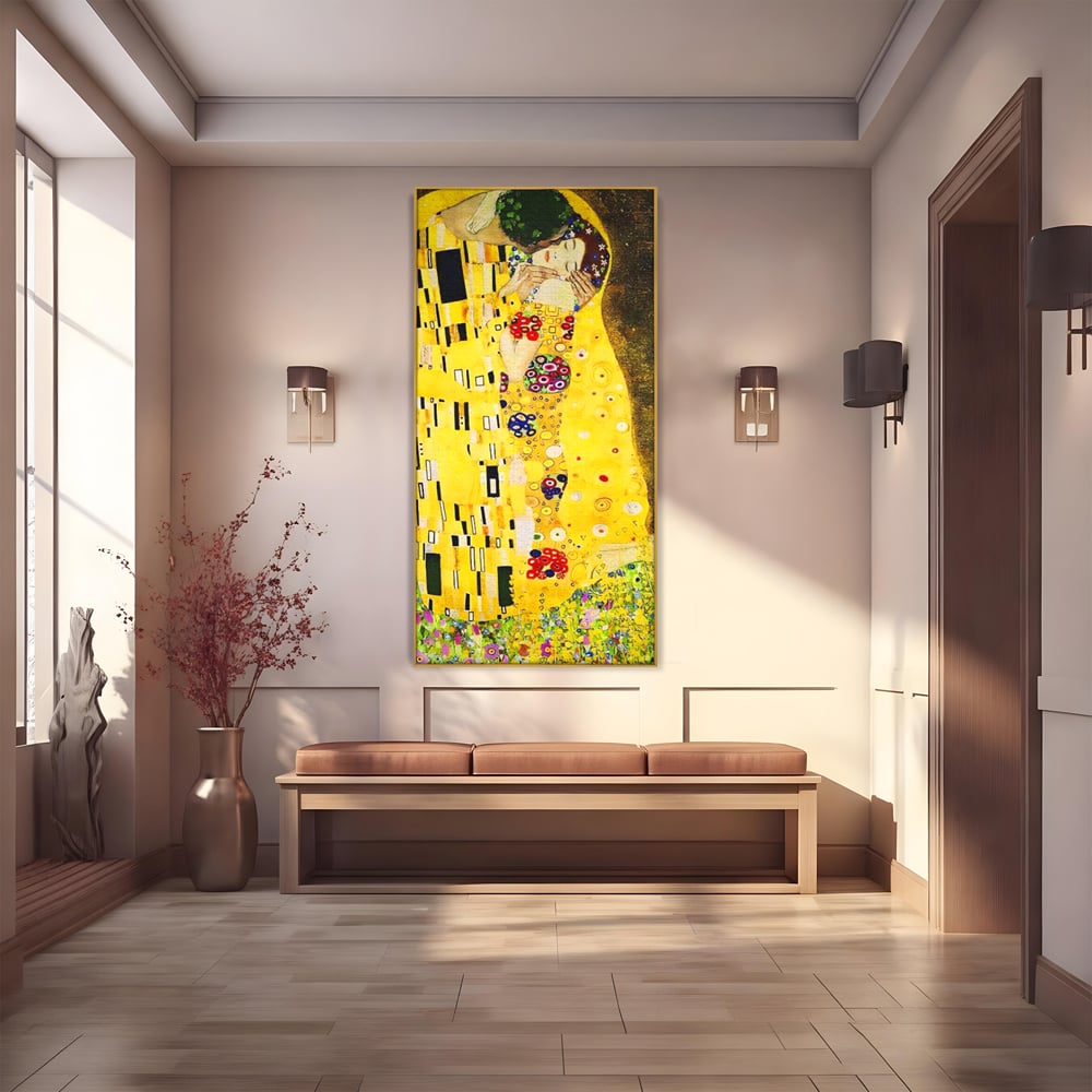 Tablou canvas cu reproducere pictura celebrul sarut klimt, in rama de aluminiu auriu
