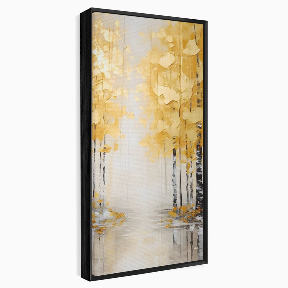 Tablou canvas cu pictura verticala cu padure aurie, in rama de aluminiu negru