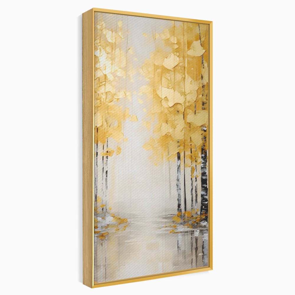 Tablou canvas cu pictura verticala cu padure aurie, in rama de aluminiu auriu
