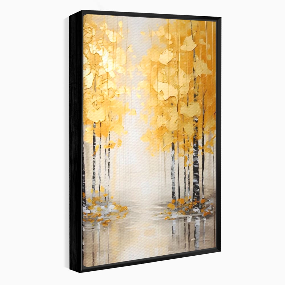 Tablou canvas cu pictura verticala cu padure aurie, in rama de aluminiu negru