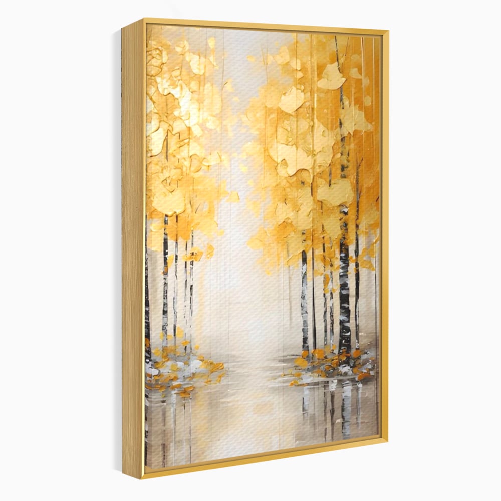 Tablou canvas cu pictura verticala cu padure aurie, in rama de aluminiu auriu