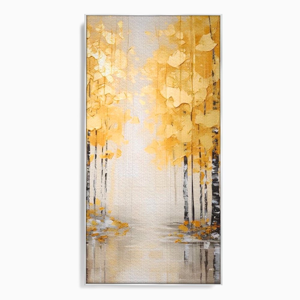 Tablou canvas cu pictura verticala cu padure aurie, in rama de aluminiu argintiu