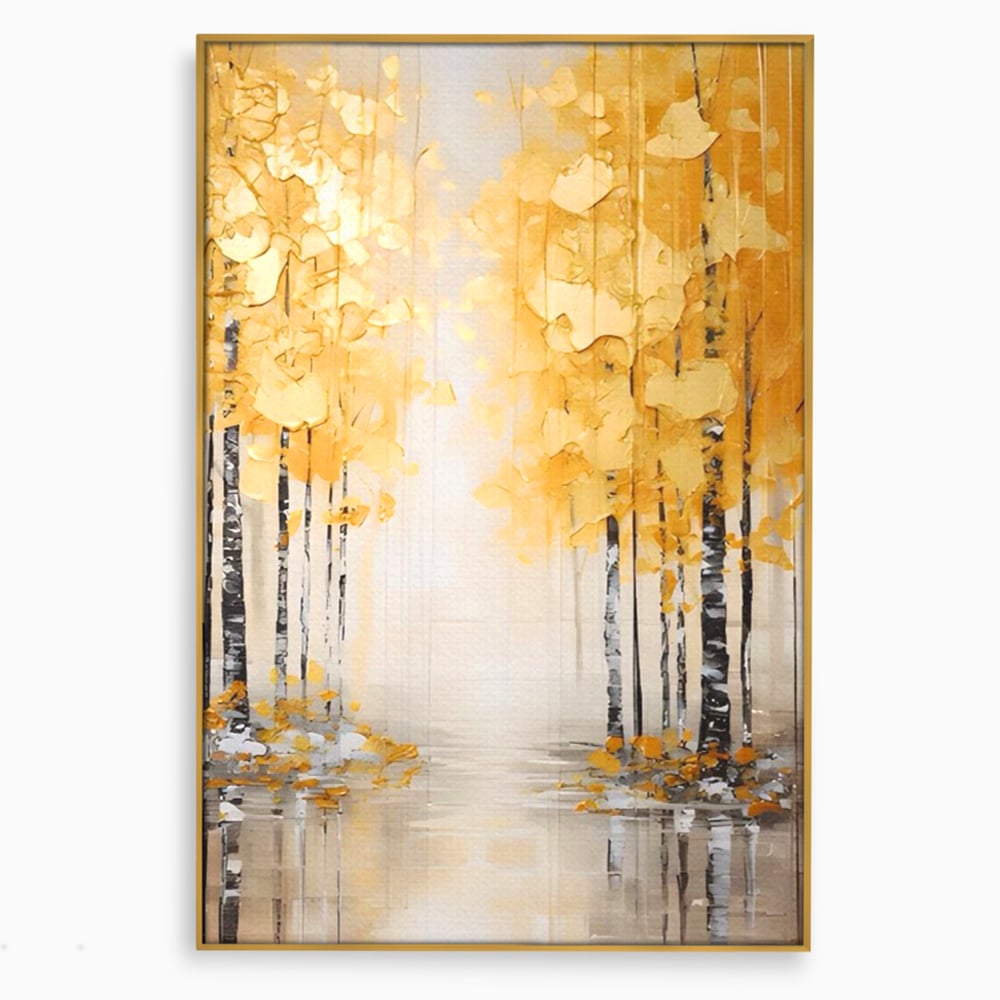 Tablou canvas cu pictura verticala cu padure aurie, in rama de aluminiu auriu