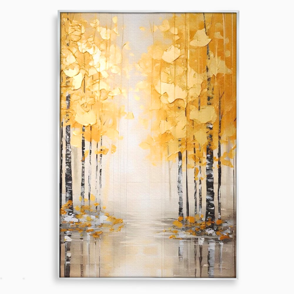 Tablou canvas cu pictura verticala cu padure aurie, in rama de aluminiu argintiu
