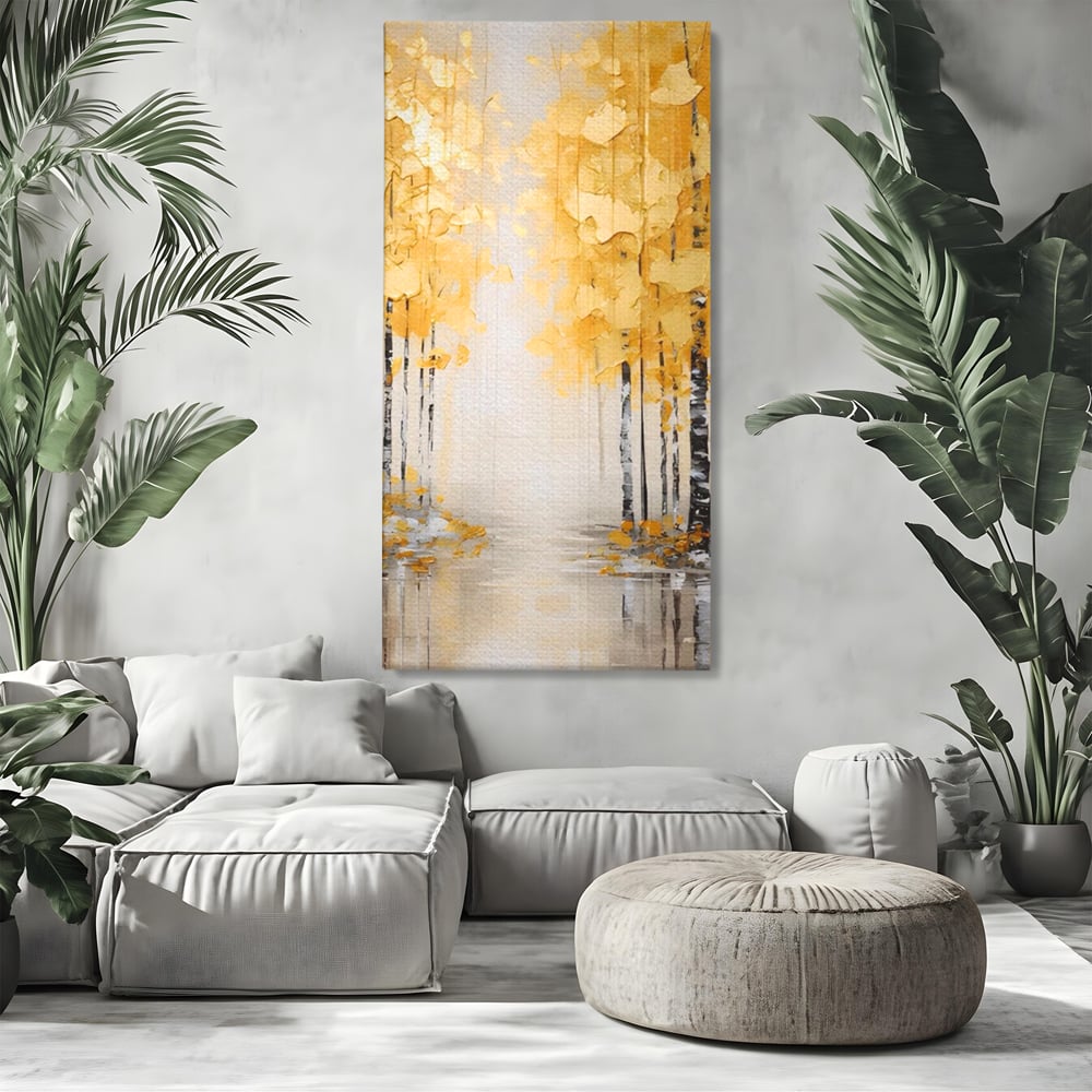 Tablou canvas cu pictura verticala cu padure aurie, fara rama, pe sasiu de lemn, pe perete intr-un living