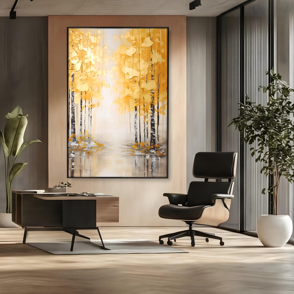 Tablou canvas cu pictura verticala cu padure aurie, in rama de aluminiu negru, pe perete intr-un birou