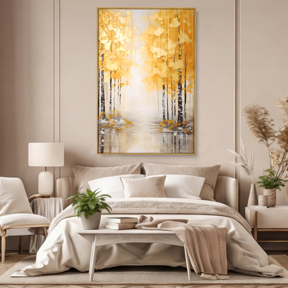 Tablou canvas cu pictura verticala cu padure aurie, in rama de aluminiu auriu, pe perete intr-un dormitor