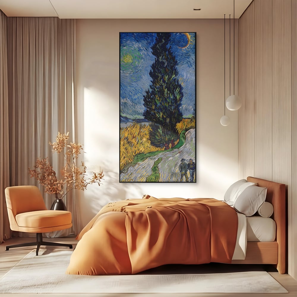 Tablou canvas cu reproducere pictura van gogh, in rama de aluminiu negru, pe perete intr-un dormitor