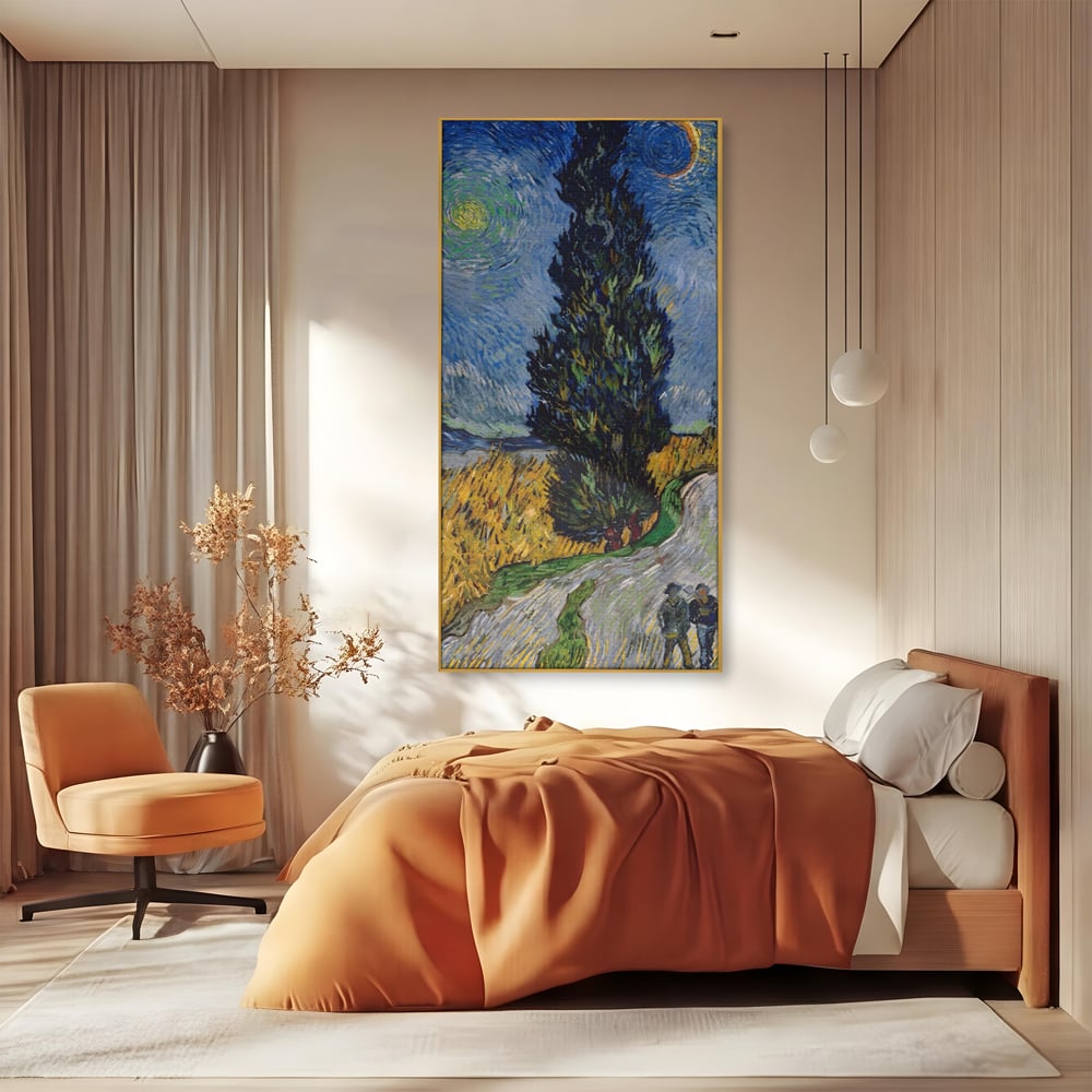 Tablou canvas cu reproducere pictura van gogh, in rama de aluminiu auriu, pe perete intr-un dormitor