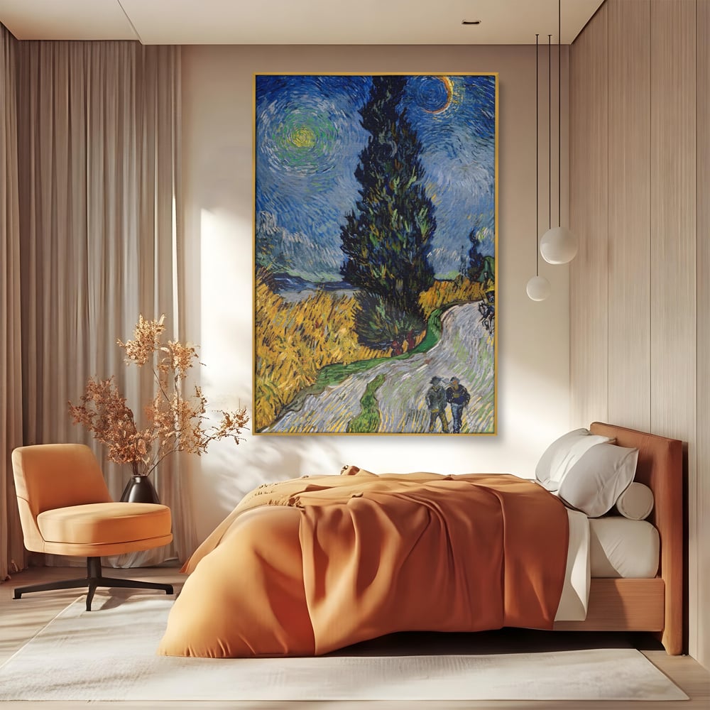 Tablou canvas cu reproducere pictura van gogh, in rama de aluminiu auriu, pe perete intr-un dormitor