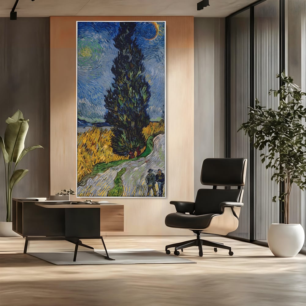 Tablou canvas cu reproducere pictura van gogh, in rama de aluminiu argintiu, pe perete intr-un birou