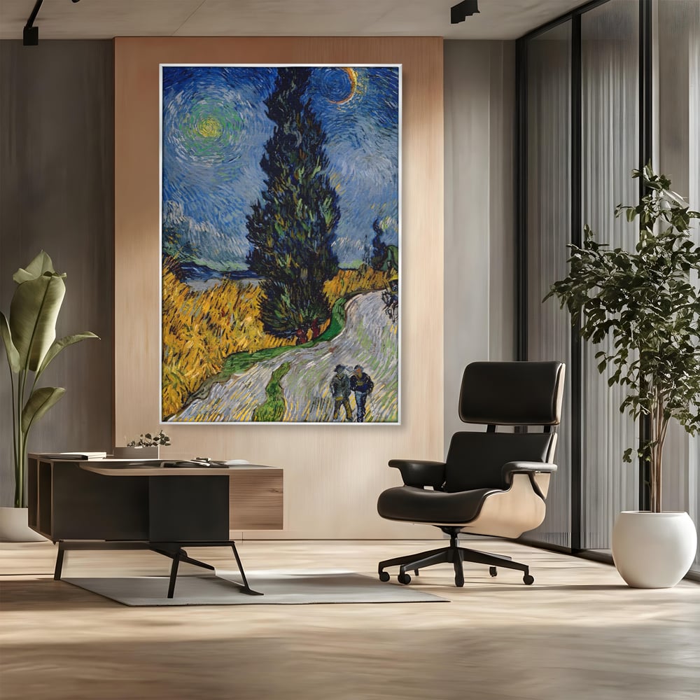 Tablou canvas cu reproducere pictura van gogh, in rama de aluminiu argintiu, pe perete intr-un birou