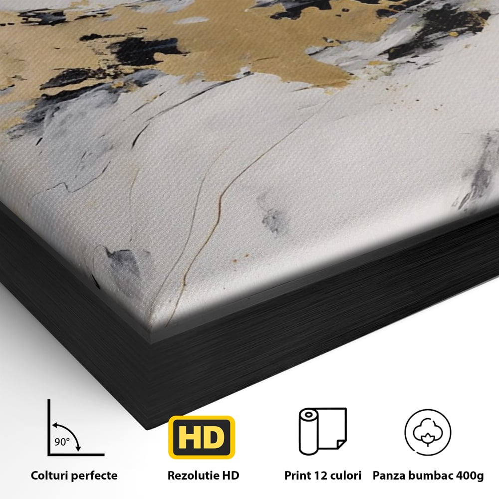 Detaliu al suprafetei: tablou abstract cu insertii aurii, in rama de aluminiu negru