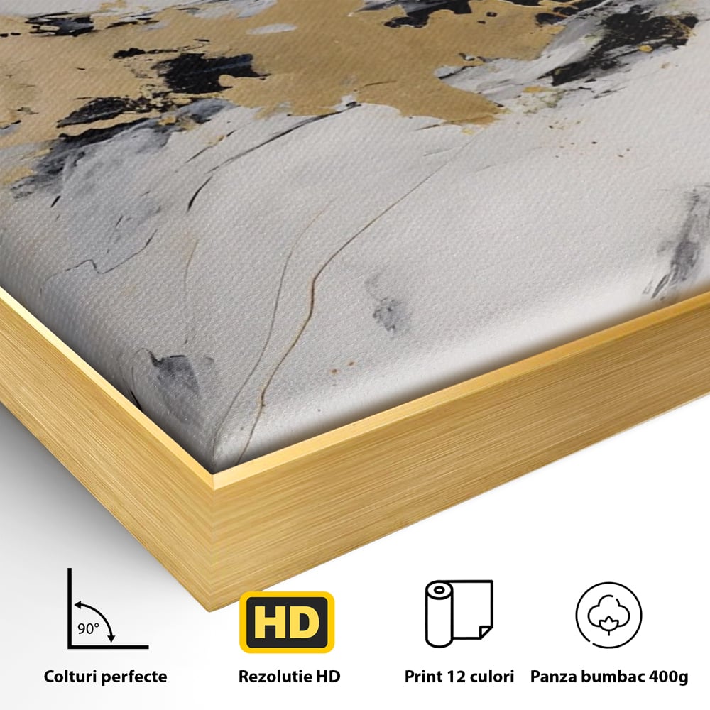 Detaliu al suprafetei: tablou abstract cu insertii aurii, in rama de aluminiu auriu