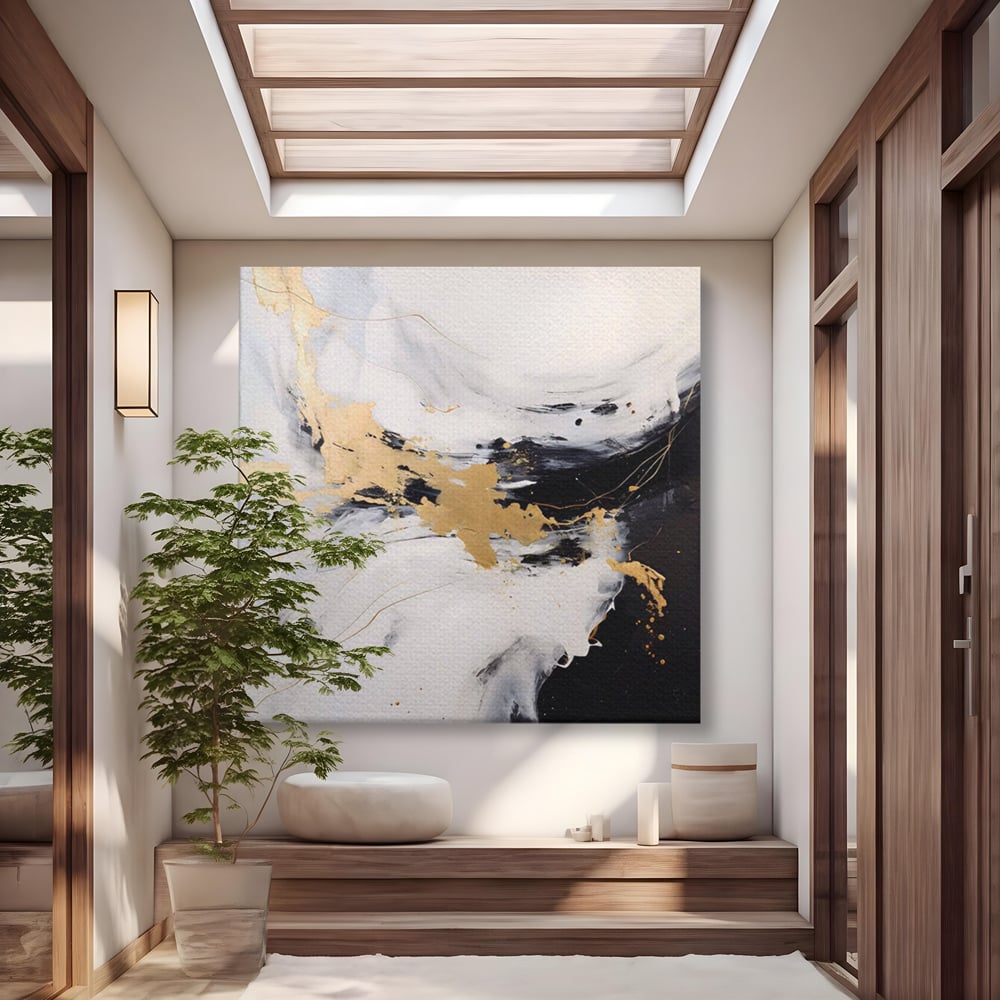 Tablou canvas cu tablou abstract cu insertii aurii, fara rama, pe sasiu de lemn