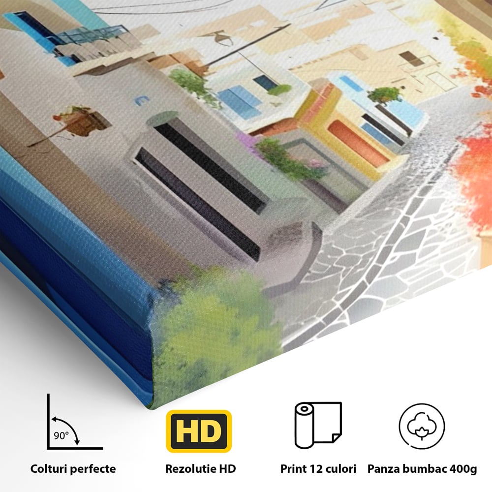 Detaliu al suprafetei: ilustratie digitala cu strada mediteraneana, fara rama, pe sasiu de lemn