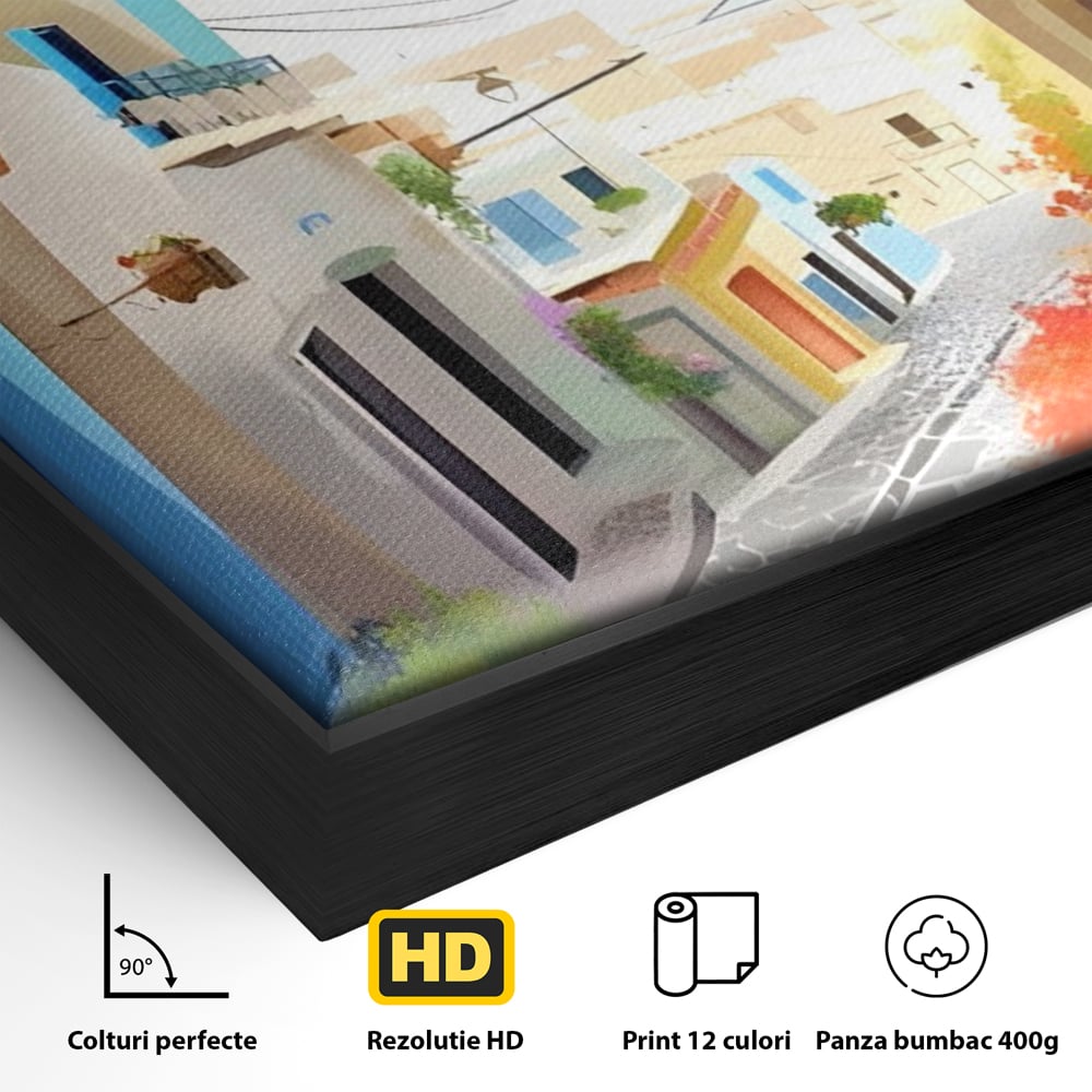 Detaliu al suprafetei: ilustratie digitala cu strada mediteraneana, in rama de aluminiu negru