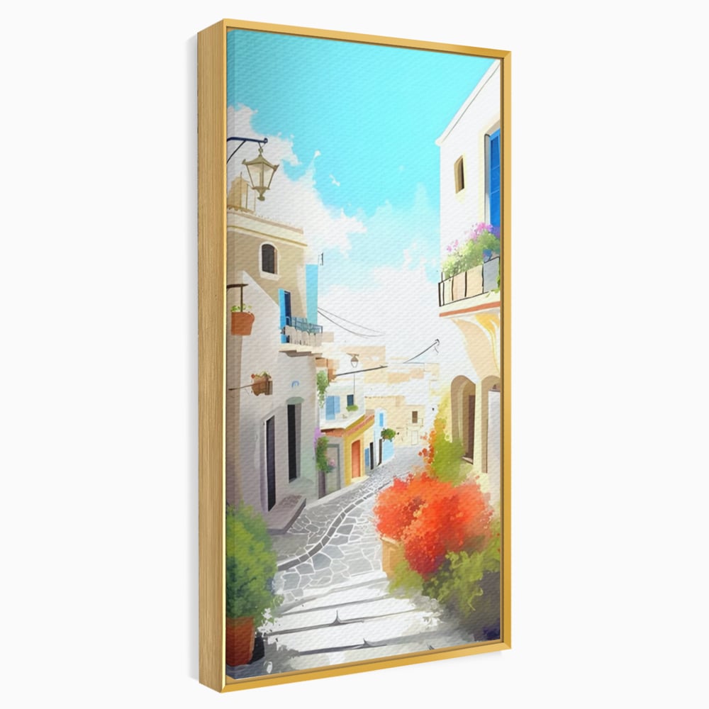 Tablou canvas cu ilustratie digitala cu strada mediteraneana, in rama de aluminiu auriu